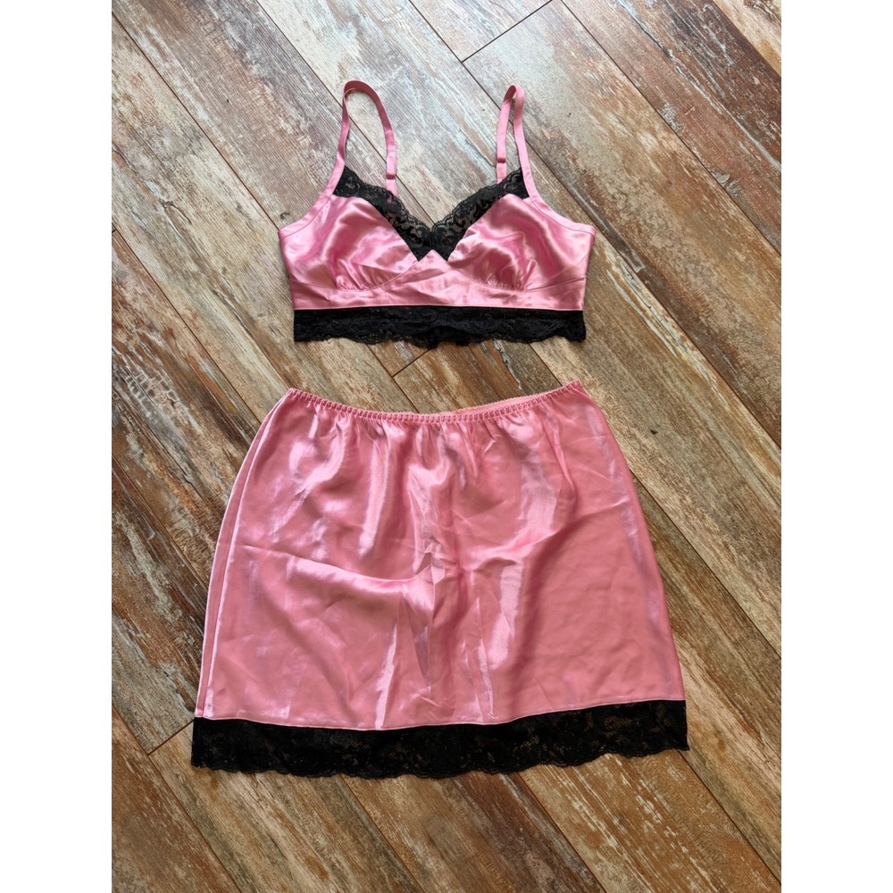 Vintage Victoria's Secret Pink Satin Black Lace Lingerie Set S M Y2K